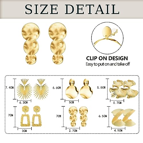 FIBO STEEL 6 Pairs Clip on Earrings Gold Statement Earrings for Women Dangle Clip On Earrings Leaf Butterfly Square Hoops Round Exaggerated No Piercing Fake Earrings Set2