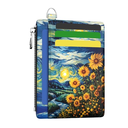 Image of Hancynir Slim Wallet Women Credit Card Holder Sunflowers RFID Small Mini Card Case Front Pocket PU Leather Thin Travel Zipper Coin Cash ID Window Ladies Female Wallet Gifts