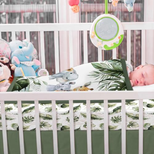 Image of Hahafelt 3 Pcs Safari Baby Crib Bedding Set Tropical Jungle Theme Decor for Infant Bed with Watercolor Elephant Zebra Giraffe Lion Includes Quilt, Fitted Sheet, Skirt for Baby Boy Girl Gifts