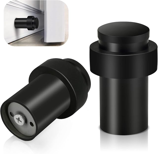 Door Stoppers, Floor Mounted Door Stop Black Heavy Duty Doorstop Stainless Steel Modern Door Stops Bumper Wall Protector Decorative Solid Rubber Tall Floor Door Stopper for Skirtings, 2 Pack