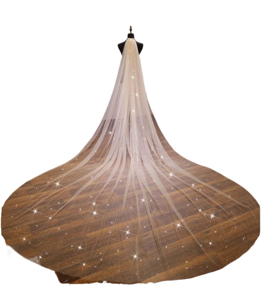 ROMDANTY Sparkly Long Bridal Veil, Glittering White Champagne Gold Cathedral Wedding Veil with Comb, Sequin Embellished, Ideal for Bridal Showers and Weddings