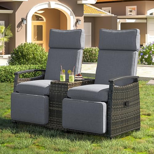 GUANGHONG Outdoor Recliner Loveseat Chair Set, Wicker Reclining Patio Chairs with Adjustable Backrest, Wood Armrests, Lounge Chair w/Built-in Storage Space, for Balcony, Porch, Lawn (Gray)