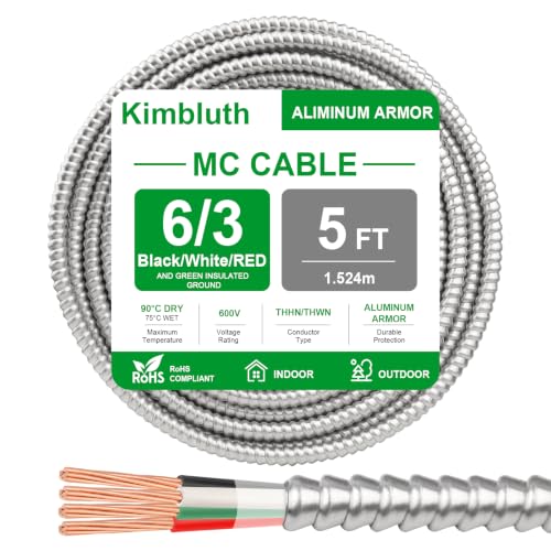 6/3 Metal Clad (MC) Cable with Ground 5ft, 6 Gauge Electric Wire with Aluminum Armor, Solid Bare Copper Conductors for Indoor Outdoor Underground Embedded Installation (6/3, 5 FT)