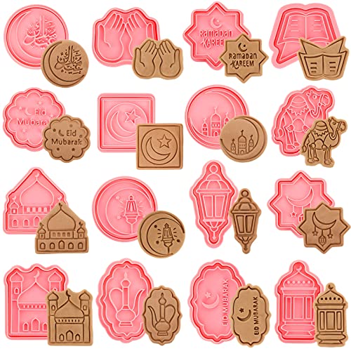 16 Pieces Eid Mubarak Cookie Cutters with Plunger Stamps Set Ramadan Islamic Muslim Biscuit Mold Star Lantern Moon 3D Cookie Stamper Mini Ramadan Plastic DIY Cookie Tools for Baking Fondant Supplies