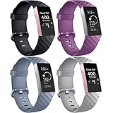 AK Kompatible Für Fitbit Charge 3 Armband/Fitbit Charge 4 Armband, Klassisch Sport Verstellbares Ersatzband für Fitbit Charge 3 und Fitbit Charge 4 (4-Pack Purple+Blue Grey+Black+Grey, S)