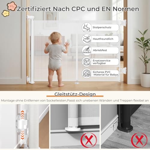 Ycozy Treppenschutzgitter Ohne Bohren 0-150cm Türschutzgitter Ausziehbar mit Stützstangen Treppenschutzrollo Einhändiges Öffnen Kinderschutzgitter Türgitter Baby Hunde Absperrgitter Treppengitter