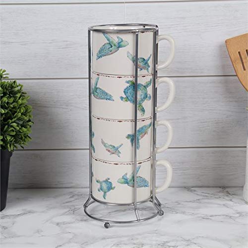 DEI 12867 Ceramic Sea Turtle Stacking Mugs and Rack, Set of 4