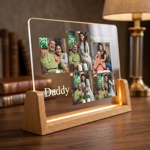 Image of Giftplease Personalized Daddy Together with Love Acrylic LED Photo Frame with Wooden Base | Customized Multi-Photo Lamp for Father's Day, Birthday | Warm Glow Night Light