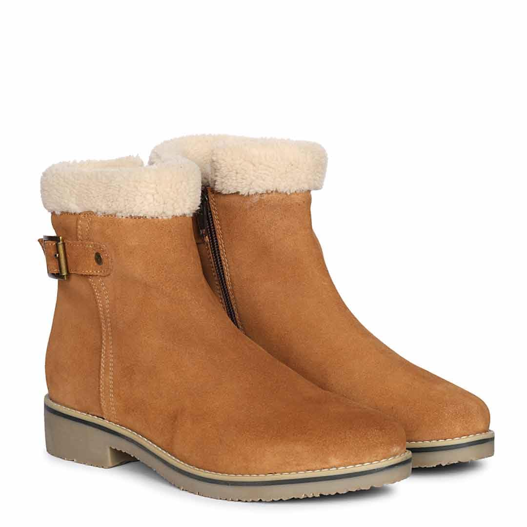 Tan Suede Ankle Boots with Sherpa Fur Collar and Side Zip-image-7