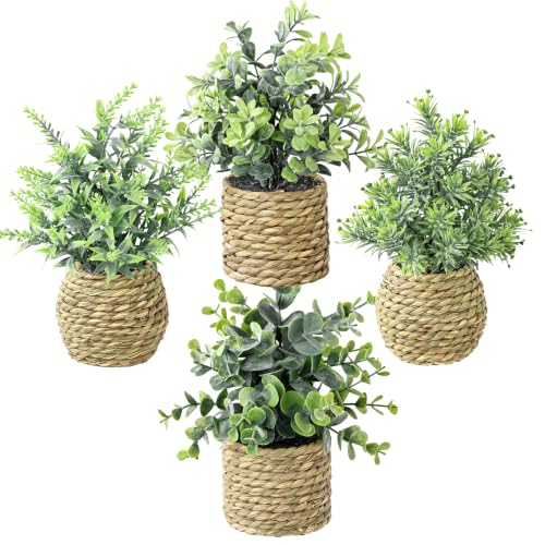 Small Fake Plants, 4 Pack Artificial Plants in Handwoven Seagrass Baskets