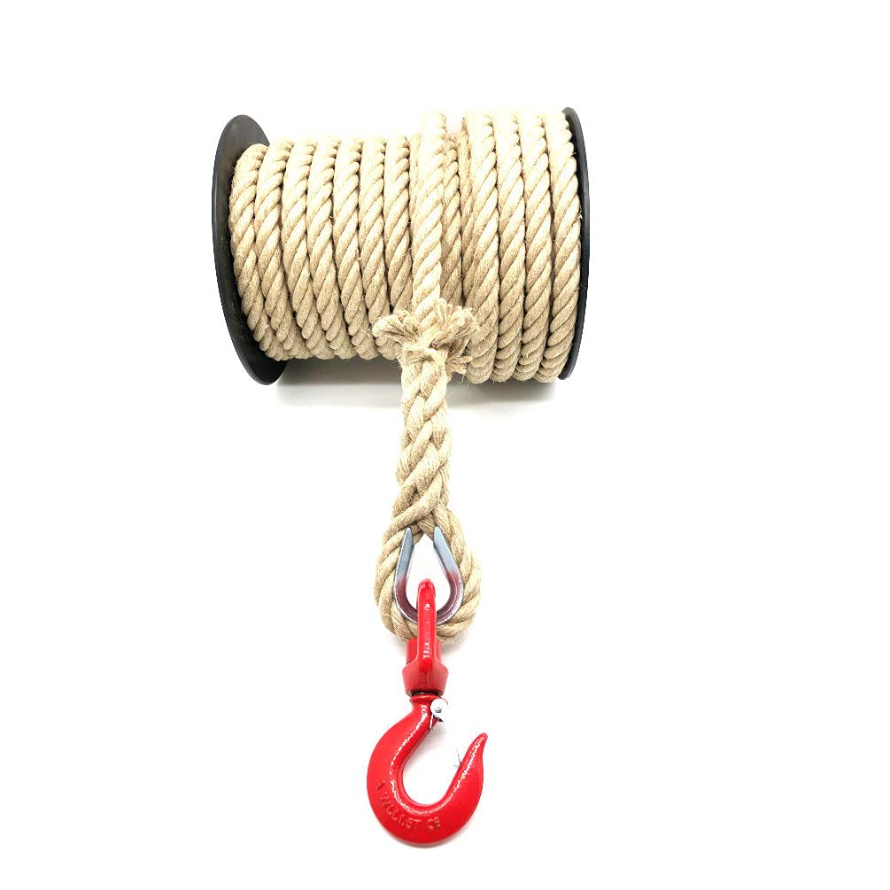 D-Work Seilrolle mit Hanfseil, Durchmesser 20/22 mm x Länge 25 m + C.M.U Wirbel Haken 1500 kg mit Heben