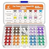 JOREST 60Pcs Kfz Sicherungen Set - Auto Sicherungen für PKW/Wohnmobil/LKW (2 Ampere 3A 5A 7.5A 10A 15A 20A 25A 30A 35A 40A) - Micro Flachsicherungen (Niedriges Profil Sicherungen) +1 Sicherungszieher