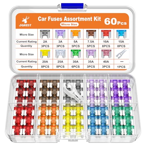 JOREST 60Pcs Car Fuse Kit - Replacement Fuses Assortment Kit for Car/RV/Truck/Motorcycle (2Amp 3A 5A 7.5A 10A 15A 20A 25A 30A 35A 40A) - Micro Blade Fuses Automotive + Auto Fuse Puller