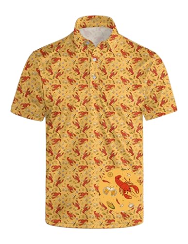 LEOPOM Crawfish Golf Shirts for Men Button Down Short Sleeve Crawfish Funny Polo Shirts for Men Outfit L