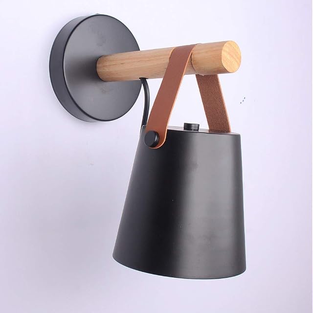 Mengjay Wall Light Sconce Modern Wooden Leather Decorative Led Wall Lamps E27 Base Lighting Fixture for Living Room Bedroom Bedside Study Porch Aisle Corridor (Black)