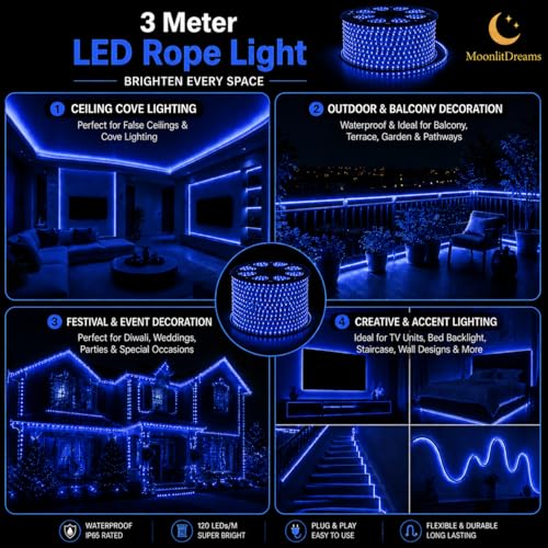 Image of MoonlitDreams Blue LED Rope Light 3M for Home Decoration | Waterproof Flexible Strip Tube for Ceiling Cove Lighting, Wall Decor, Indoor Outdoor Use, Festive & Diwali Lights