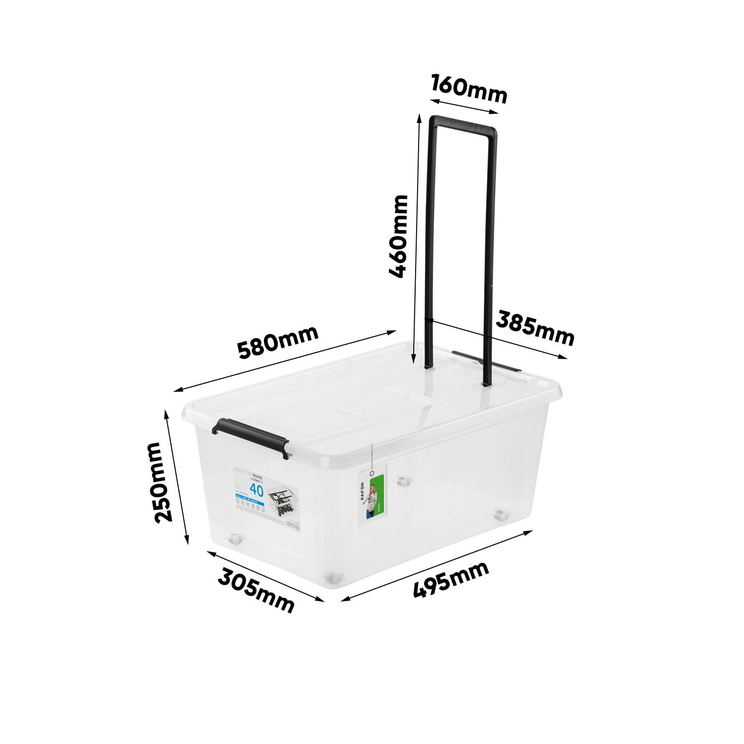 PAFEN 4x Unterbettkommode Aufbewahrungsbox 40L mit Rollen und Griff - 38,5 x 25 x 58 cm - Transparent Boxen Aufbewahrung Stapelboxen mit Verschlussclips Kunststoffbehälter