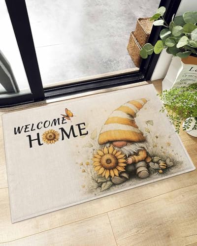 Indoor Doormat Yellow Gnome Sunflowers Bee Butterfly,Shaggy Floor Mat with Non-Skid Backing Vintage Pastoral Theme,Machine Washable Plush Area Rug Carpets for Kitchen Nursery Bedroom