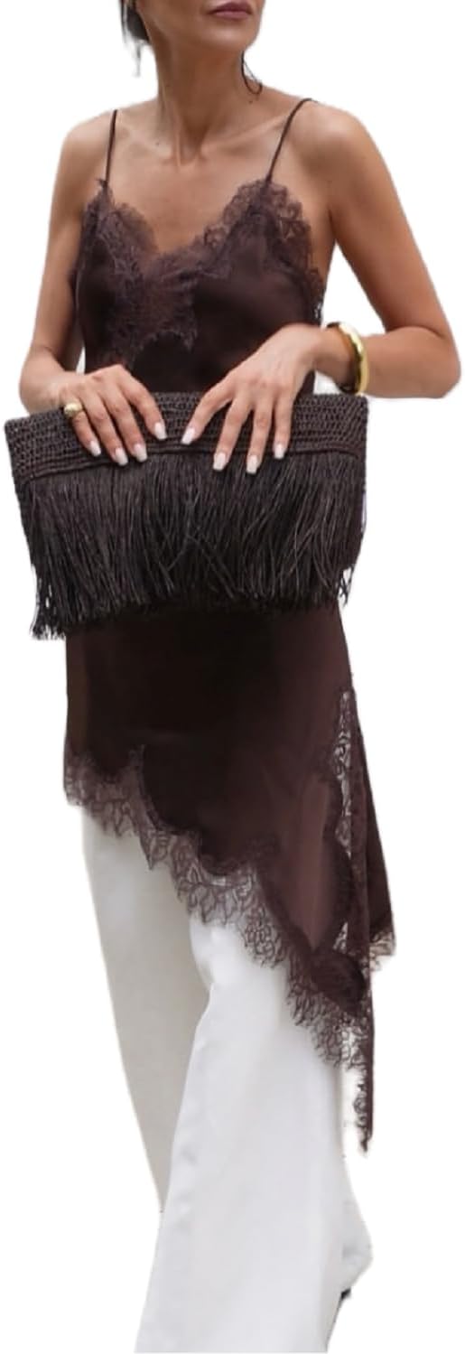 Silk Lace Trim Camisole Tops for Women Satin Layering Asymmetrical Tops Lace Patchwork Cami Tank Slip Dress