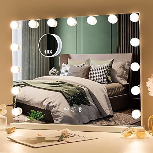 Techoln Espejo de Maquillaje con Luces, Espejo Iluminado Hollywood de 22.8 x 18 Pulgadas con 15 Bombillas LED Regulables, 3 Modos de Colores, Puerto de Carga USB