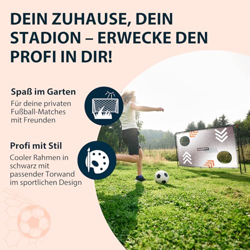 HUDORA Fu&szlig;balltor Trainer mit Torwand I Robustes Outdoor-Tor f&uuml;r Kinder & Erwachsene I Tormauer mit Zwei verst&auml;rkten Schussl&ouml;chern I wetterfestes Tor f&uuml;r Training & Freizeit - Arrow