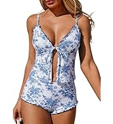 ZAFUL Modest Tankini Swimsuits for Women Self Tie Front Floral Gingham Ruffle Trim Two Piece Bath...