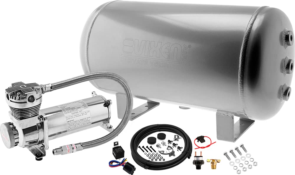 Vixen Air Suspension Kit for Truck/Car Bag/Air Ride/Spring. On Board System- 200psi Compressor, 5 Gallon Aluminum Tank. For Boat Lift,Towing,Lowering,Load Leveling Bags,Train Horn,Semi/RV VXO4852A