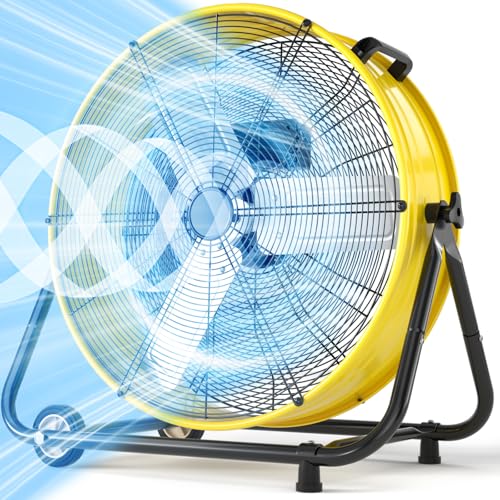 Image of LifePlus 30'' Large Industrial Fan,14000 CFM High Velocity 3-Speed Heavy Duty Metal Air Circulator with 360 Tilt, Casters Handle, Ideal for Warehouse, Factory Workshops, Patios, Garage, Yellow