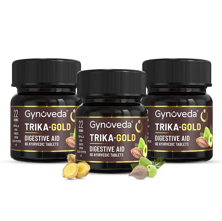 Gynoveda Triphala Ayurvedic Tablets for Digestion, Gas, Bloating | Trika-Gold, 3 Bottles, 180 Tablets | Alternative To Lab-made Digestive Enzymes, Bitter Syrups, Churna, Powders