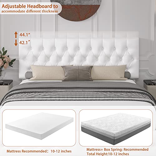 Queen Bed Frame With 4 Storage Drawers And Adjustable Headboard, Upholstered Faux Leather Platform Bed With Button Tufted Design, Strong Wooden Slats Support, No Box Spring Needed, White #TOP3