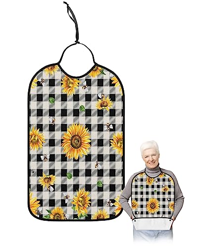Adult Bibs for Elderly Women - Farmhouse Sunflower Waterproof Dining Clothing Protectors with Crumb Catcher for Eating/Feeding, Floral Bee Black Buffalo Plaid Terry Cloth Bib Machine Washable