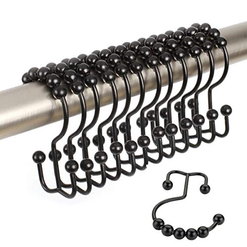 Yoocylii Metal Double Glide Shower Hooks Rings,Shower Curtain Rings Stainless Steel for Bathroom Shower Rods Curtains Hooks,Set of 12 (Matte Black)