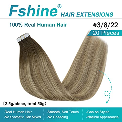 Fshine Tape in Hair Extensions Human Hair,18 Inch 20 pcs 50 g,Straight Natural Tape in Hair Extenisons,Color 3 8 22 Highlight Medium Blonde,Lightweight Comfortable Fit for women - Image 2
