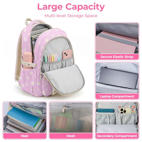 Mochila escolar de pana para niñas adolescentes, morada con flores miniatura 3