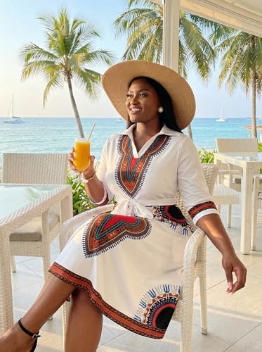 Image of FANDEE Plus Size Midi Dress for Women - Printing Summer Dresses for Wedding Guest Cocktail Party 3 /4 Sleeve V Neck(L-5XL)