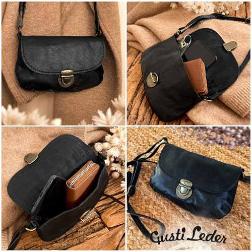 Gusti Leder Umhängetasche Rona – Kleine Handtasche Damen – Vintage Umhängetasche Damen aus echtem Leder – Schwarz