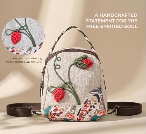 Image of S&A Bohemian Flower Women's 4 way Convertible Bag - Handcrafted Embroidery Flower Multi-Way Mini Backpack, Shoulder Sling & Handbag with Large Capacity Multiple Holdings - Ideal for Travel & Gifting
