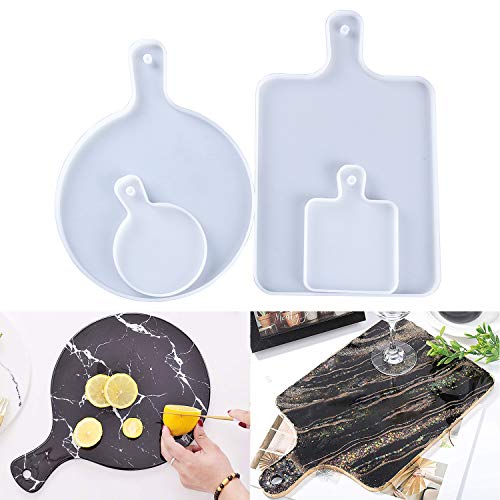 4 Pcs Resin Silicone Molds, Tray Molds for Epoxy Resin with Handle, Resin Serving Tray, DIY Art Tray Mould Set Includes 2 Rectangle and 2 Round Molds for Serving Board, Coasters, Home Decoration
