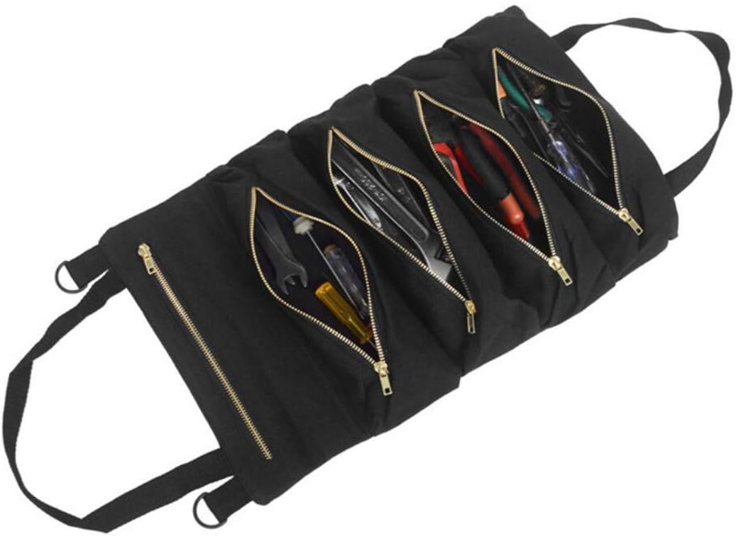 Super Roll Tool Bags with 5 Zipper Bags, Multi-Purpose Tool Roll Up Bag Organizer Bucket, Hanging Tool Zipper Carrier Tote Wrench Roll Pouch, Car First Aid Kit Wrap Roll Storage Case