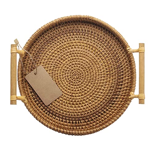 Brotkorb Serviertablett Rattan mit Griffen Korbtablett Korb Tabletts aus Weidengeflech Rund (28cm Durchmesser) Cover