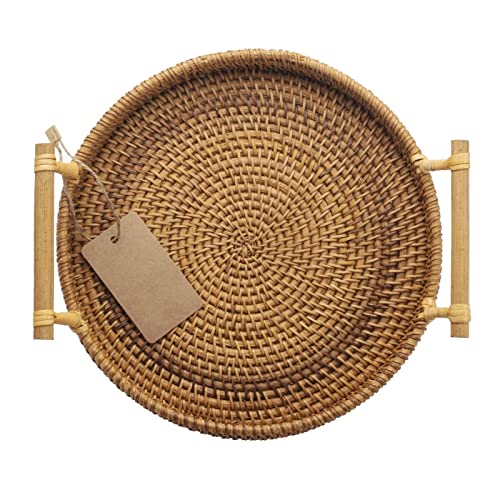 DOKOT Rattan Round Serving Tray with Handles Woven Bread Cake Pastries Baskets (28cm Diameter)