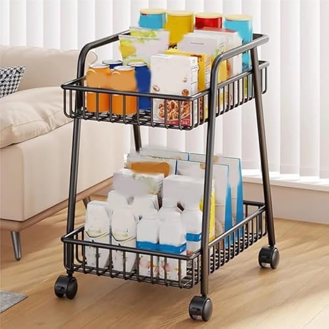 ´¢Îï³µ 2-Tier Snack Storage Cart - Simple Wrought Iron Rolling Organizer with Wheels for Living Room, Bedroom, Kitchen, Movable Snack Rack, Space Saving Design-hrMKCUL0
