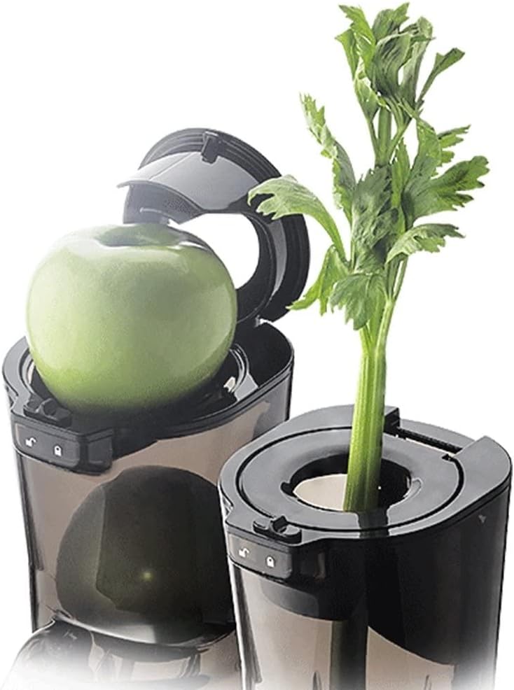 Close-up of the Kuvings D9900's wide feeding chute, showing an apple and a celery stalk being inserted.
