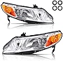 POLLY WALES Headlights Assembly Compatible with 2006/2007/2008/2009/2010/2011 Honda Civic 4 Door Sedan - Chrome Housing Clear Lens Amber Reflector
