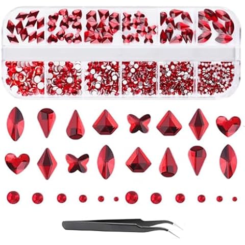 Valentines Nail Rhinestone EBANKU Red Nail Rhinestones Hearts Butterfly Round Nail Art Crystals Diamonds Flat Back Rhinestones 3D Diamond Stone Nail Gems with Tweezer for Valentine's Day Christmas Cover