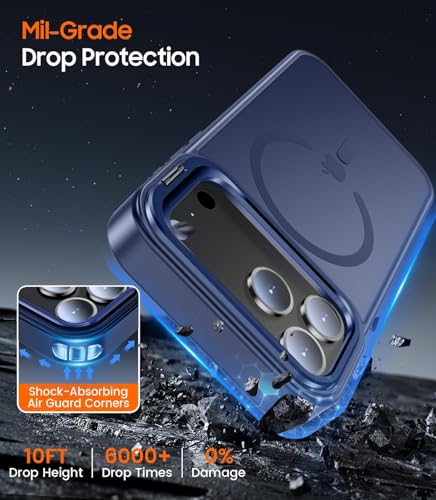 Image of Elzzi Translucent Matte Case for iPhone 17 Pro Max, Built-in Adjustable Kickstand Camera Stand Translucent Magnetic MagSafe Phone Cover (Navy)