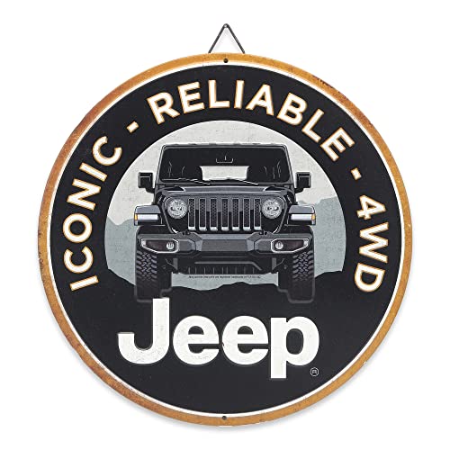 Plaque ronde en métal Jeep Iconic Reliable 4WD – Panneau vintage Jeep pour garage, magasin ou cave