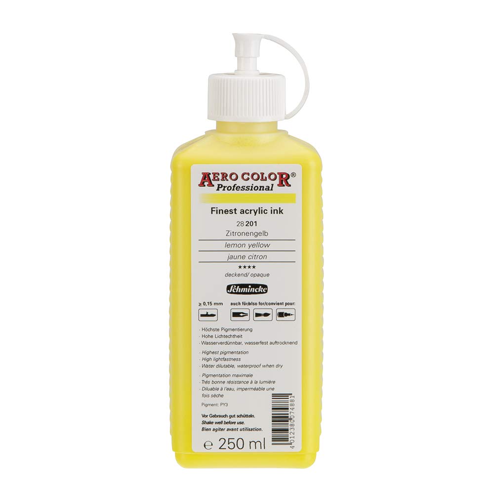Schmincke - AERO COLOR® Professional, Lemon yellow 250 ml, 28201027, highly liquid, highly brilliant acrylic colour for acrylic painting, airbrush, mixed media, acrylic ink