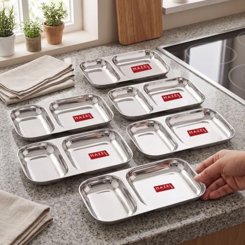 Image of HAZEL Steel Section Plate Set of 6 | 2 in 1 Plates Snacks Serving Tray