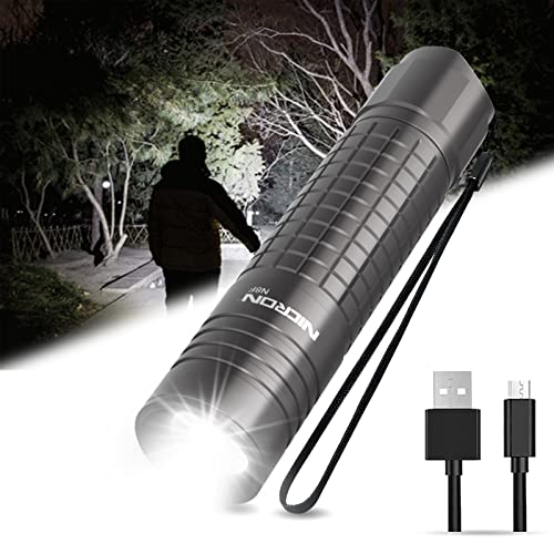 800 Lumen  Flashlight with 5 Modes,Zoomable LED Flashlight with Rechargeable Battery and Micro-USB,IP65 Waterproof and Dustproof,Suitable for Camping,Hiking,Fishing, Jogging,Outdoors - NICRON N8F